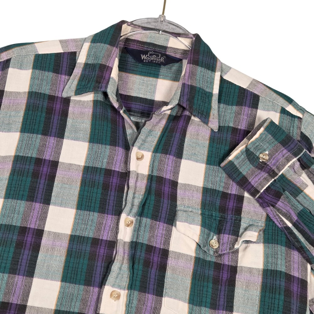 Woolrich Retro Button Down Long Sleeve Shirt Men Medium Plaid Teal Purple Grunge
